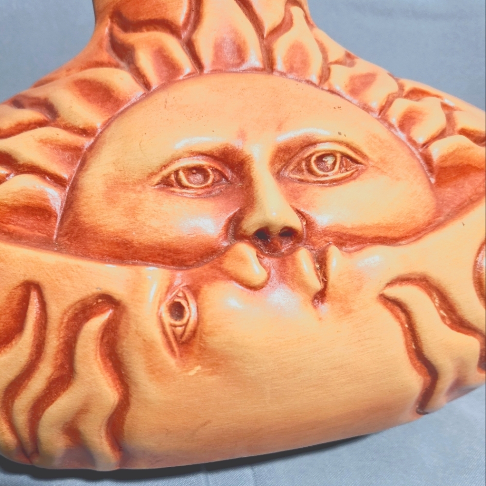 Vintage TLC Handmade Celestial Sun Moon Large Clay Mexican Pottery Vase Folk Art - Picture 6 of 9